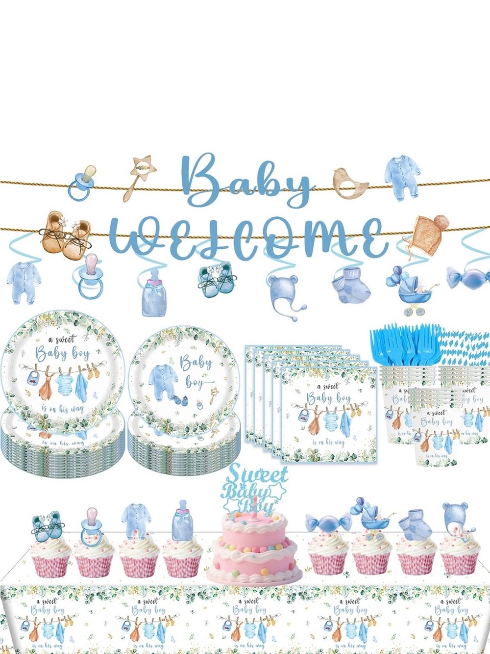 Baby Welcome Blue Party Supplies- I have 4 sets. Please make an offer